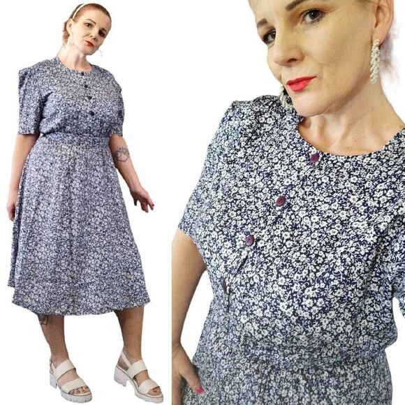 VTG 80s USA Blue White Floral Belted Secretary Midi Dress Size 10/ Medium - Picture 4 of 16